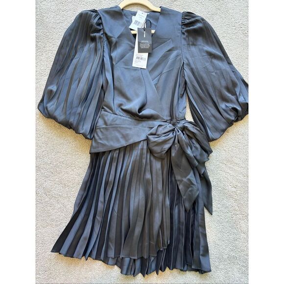 NWT ACLER satin wrap pleated Harlem dress in petrol US 4, $399 - Picture 5 of 13